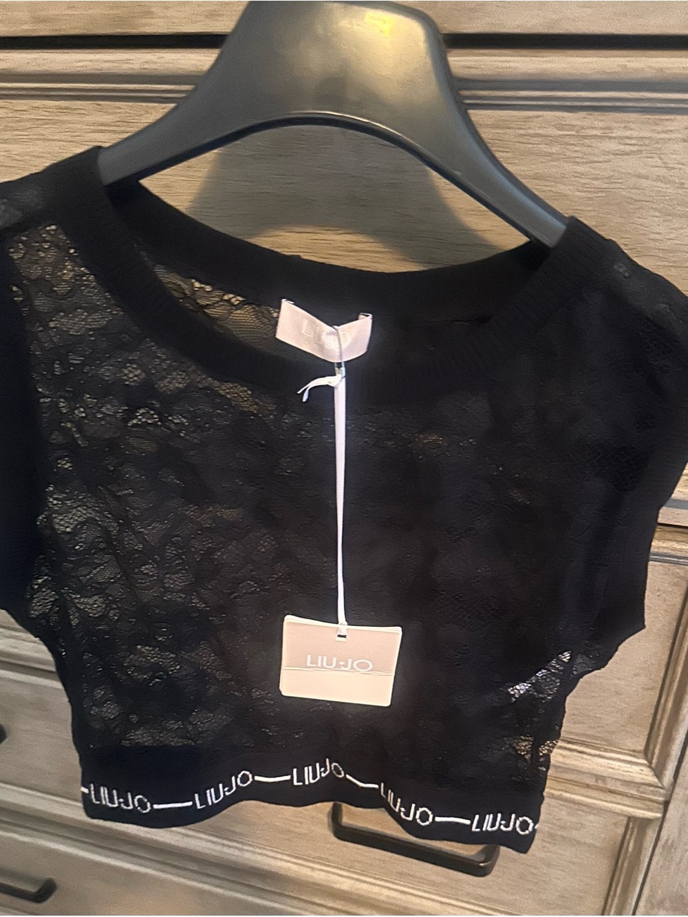 Liu Jo Sheer Black Lace Logo Hem Crop Top